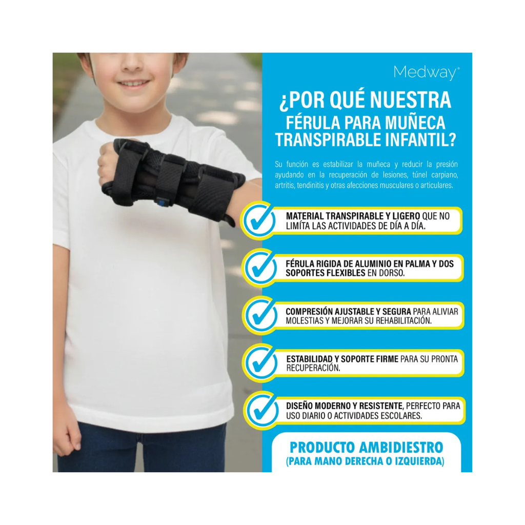Muñequera férula Infantil ambidiestra ortopédica pediátrica Medway